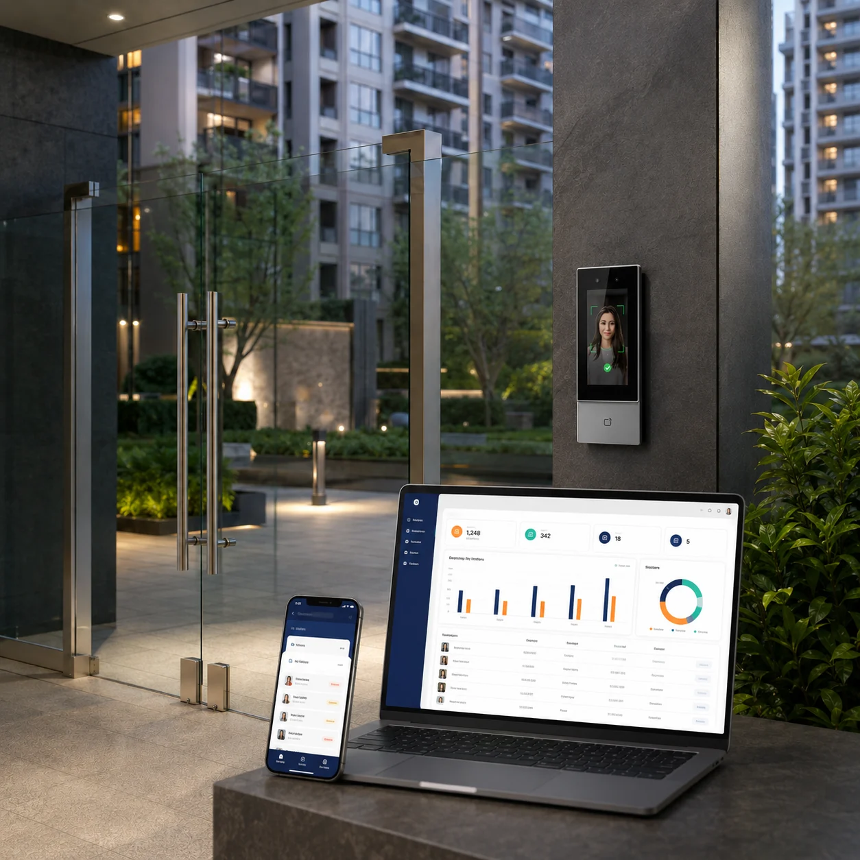 GomyGate smart society glass gate with mobile app and web dashboard mockup