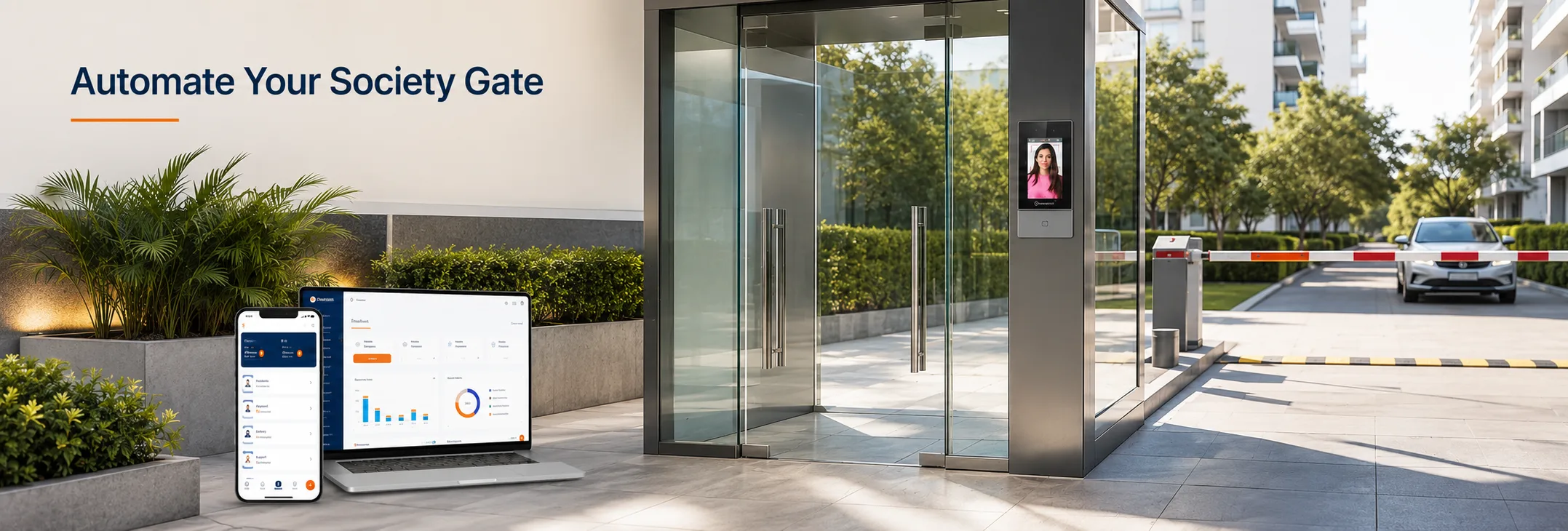 GomyGate society gate automation banner with app web dashboard and boom barrier
