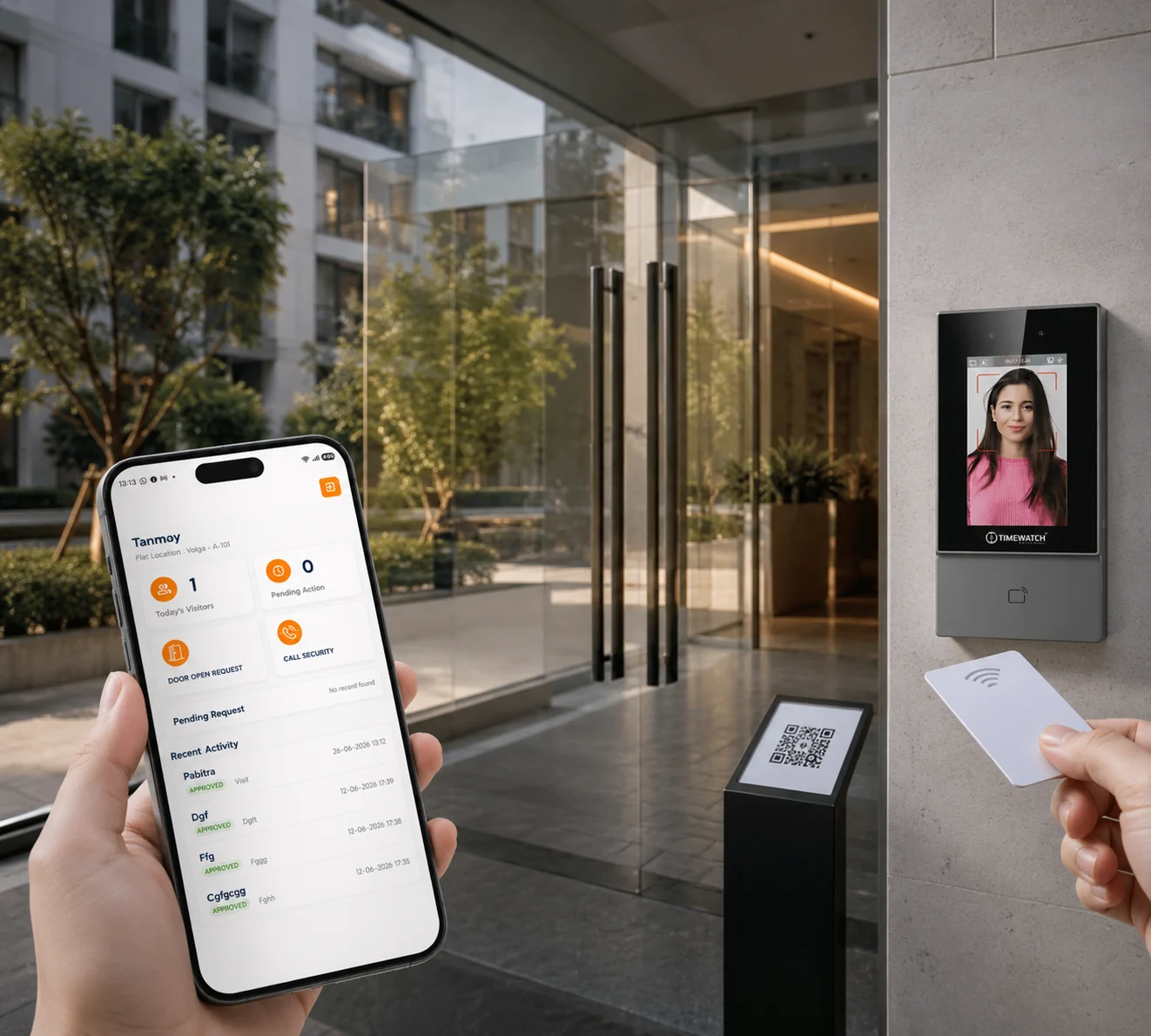 GomyGate mobile app with RFID face QR and access device at society gate