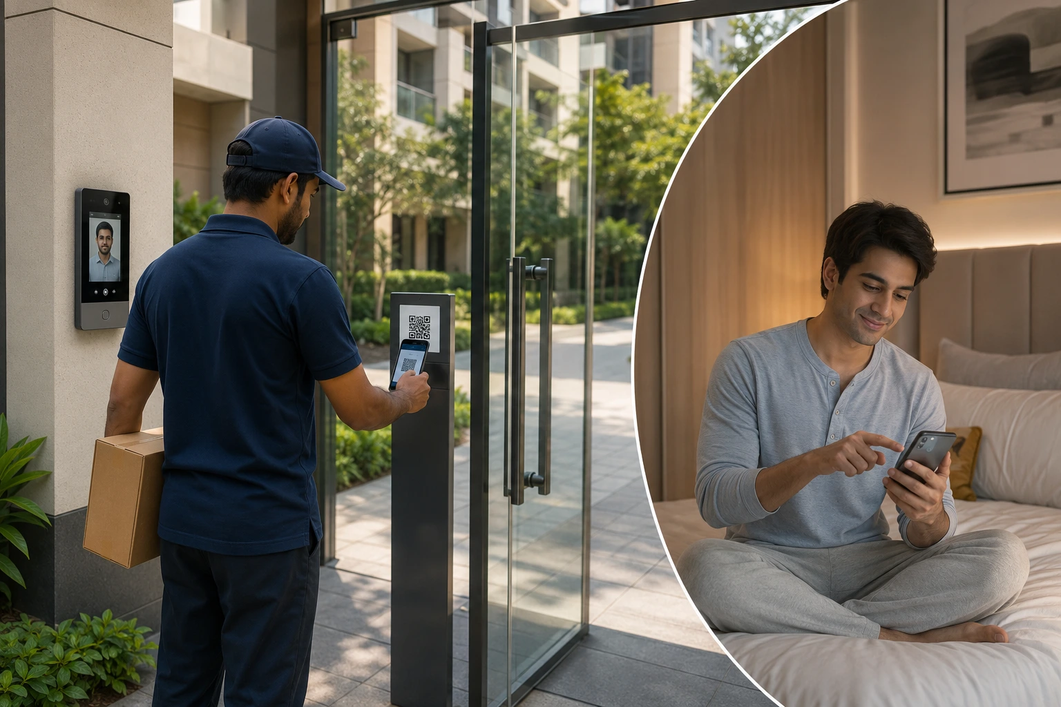 Delivery visitor scanning QR at society gate with owner approval on mobile
