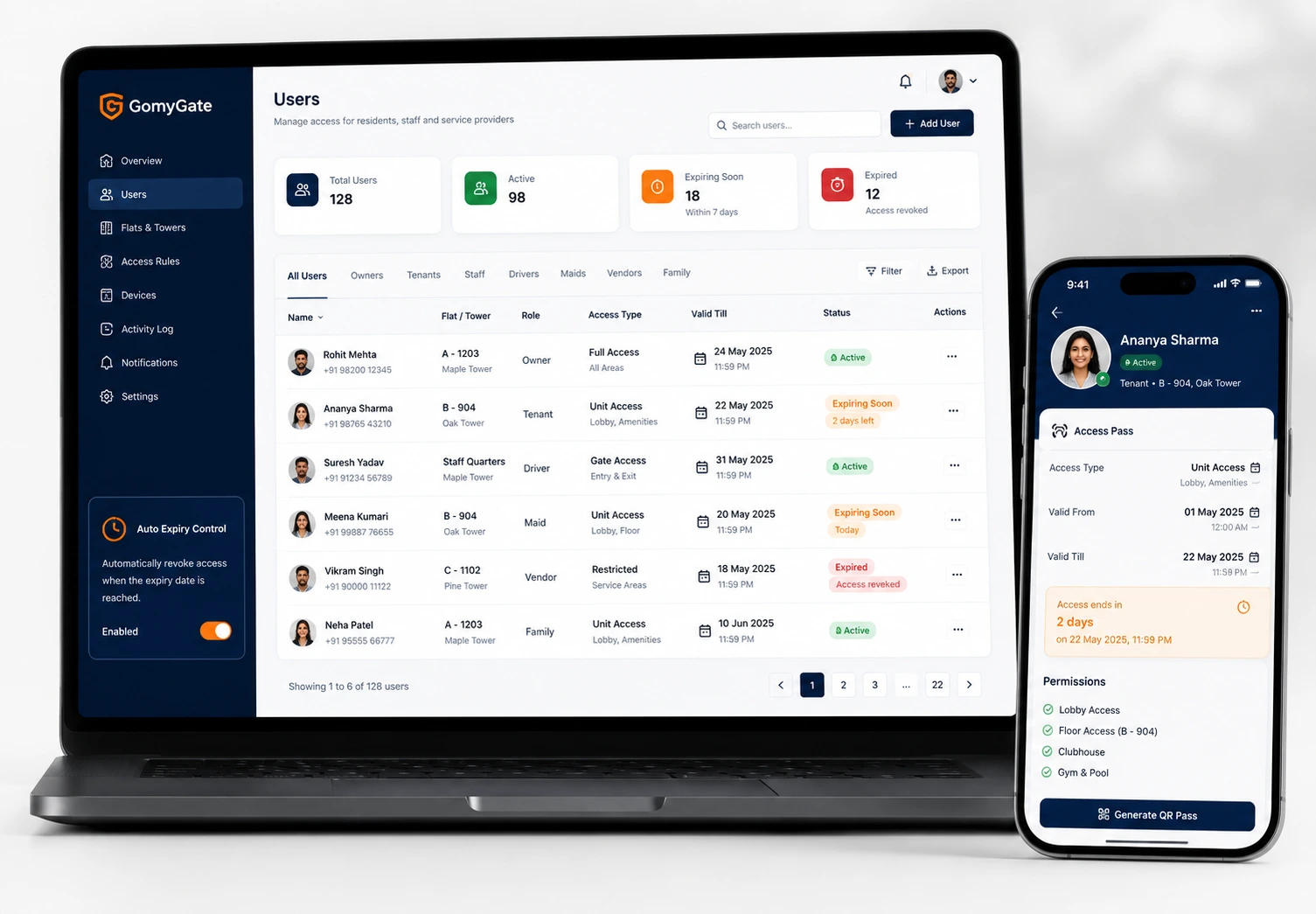 GomyGate admin panel and mobile app showing user access expiry dates